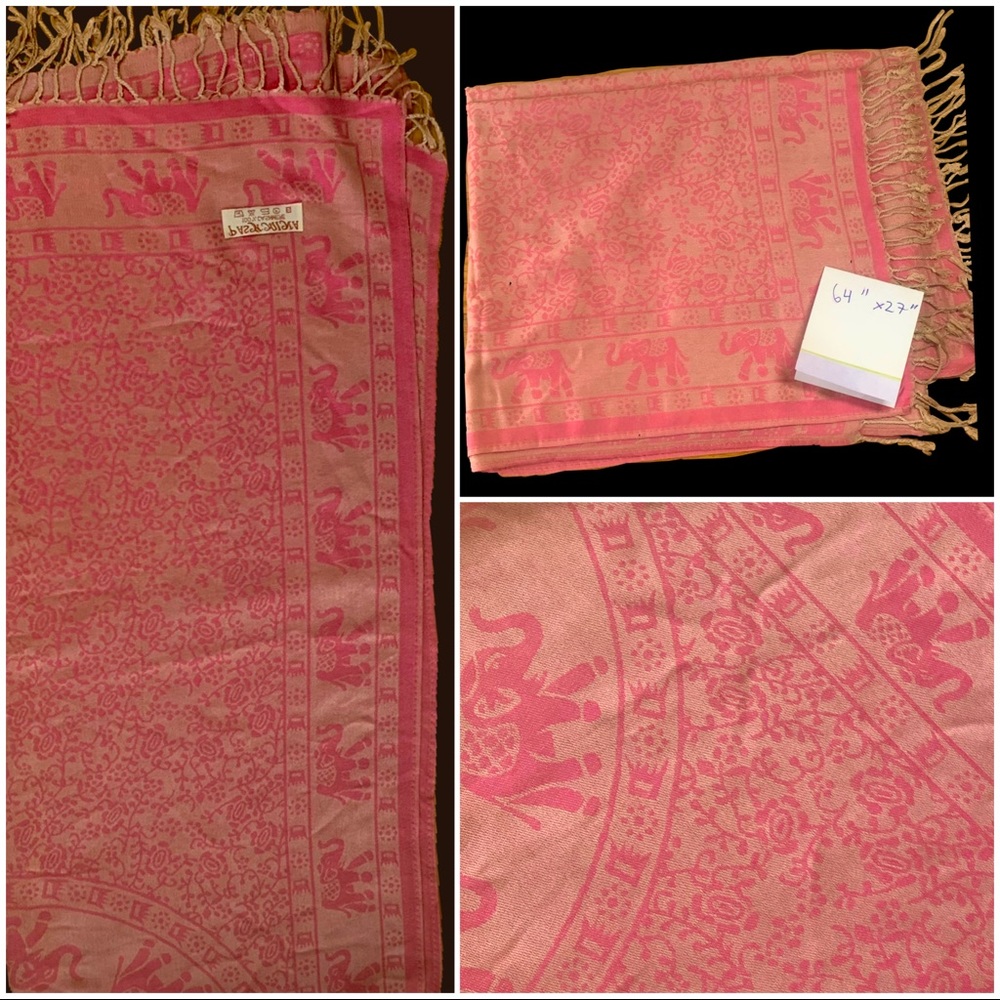 NWOT 100% CASHMERE PASHMINA Large Scarf Shawl Lucky Elephants Pink Fringe 64”